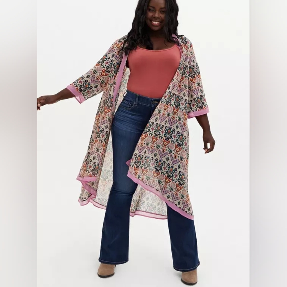 Torrid Colorful Patterned Kimono with Pink Edges